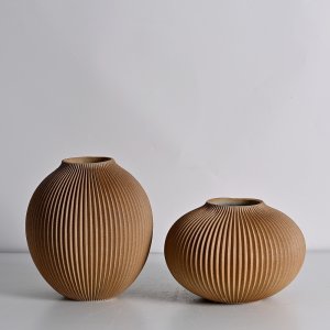 原木色粗砂竖纹球形陶瓷花瓶两件套
