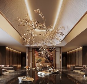 新中式金属竹叶空中吊饰 酒店售楼处大堂挑空悬挂艺术装置定制